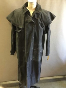 Mens, Coat, Duster, AUSTRALIAN OUTBACK, Black, Cotton, M, Snap Front, Oil Cloth, Short Caplet That Snaps On, Aged/Distressed,  Open Center Back For Horse Riding, Cowboy