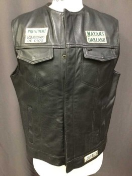 Mens, Leather Vest, JOES, Black, Red, Green, Leather, Solid, L/XL, Snap Front, 2 Pockets with Flaps, Patches, Motorcycle Gang