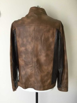 INC, Brown, Chocolate Brown, Leather, Solid, Zip Up, Band Collar, Chocolate Shoulder and Back Arm/Back Panels, Chocolate Trim, Pocket,