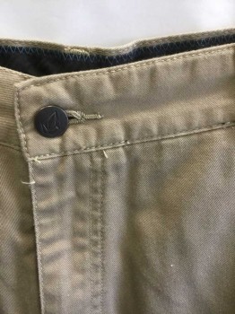 VOLCOM, Khaki Brown, Cotton, Polyester, Solid, Twill, Zip Fly, 4 Pockets, Belt Loops, 11" Inseam, Diagonal Seams Across Back Pockets