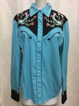 SCULLY, Aqua Blue, Black, Polyester, Rayon, Color Blocking, Floral, Aqua Blue, Black Yolk with Floral & Horseshoe Embroidery, Aqua/black Stripped Piping Trim