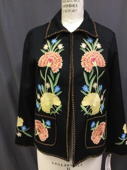 RALPH LAUREN, Black, Cream, Orange, Red, Yellow, Wool, Cotton, Floral, Retro 50's Mexican Floral Embroidery, Hook & Eye Front Closure, 2 Patch Pocket, Boxy
