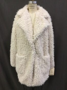 ZARA, Cream, Polyester, Solid, Fluffy Fuzzy Fleece, 1 Snap Close, Notched Lapel, 2 Pockets, Unstructured
