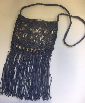 Womens, Purse, N/L, Slate Blue, Champagne, Leather, Crochet Leather Over Champagne Polyester, Fringed Bottom, Braided Long Strap