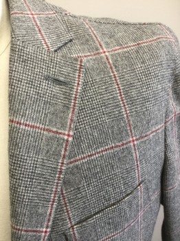 L.B.M. 1911, Lt Gray, Red, Black, Wool, Glen Plaid, Single Breasted, 2 Buttons,  3 Patch Pockets, Notched Lapel, Flannel