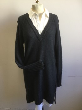 BROCHU WALKER, Charcoal Gray, White, Cashmere, Silk, Heathered, Solid, Long Charcoal Gray Sweater Like Dress with Faux White Undershirt of Collar Attached, Button Front, and Shirt Hem at Sweater Hemline
