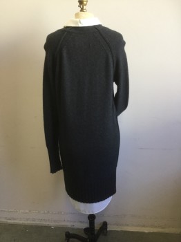 BROCHU WALKER, Charcoal Gray, White, Cashmere, Silk, Heathered, Solid, Long Charcoal Gray Sweater Like Dress with Faux White Undershirt of Collar Attached, Button Front, and Shirt Hem at Sweater Hemline