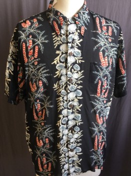 AVANTI, Black, Cream, Gray, Red, Beige, Silk, Hawaiian Print, Collar Attached, Button Front, 1 Pocket, Short Sleeves,