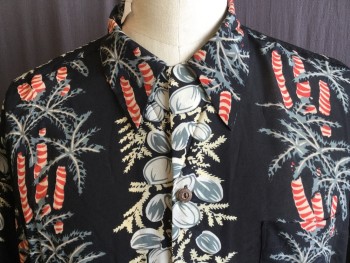 AVANTI, Black, Cream, Gray, Red, Beige, Silk, Hawaiian Print, Collar Attached, Button Front, 1 Pocket, Short Sleeves,