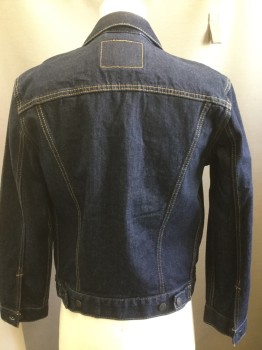 LEVI STRAUSS, Dk Blue, Orange, Cotton, Solid, Collar Attached, Button Front, Long Sleeves, Original Denim Jacket, Orange Top Stitching