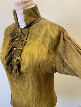 Womens, Sci-Fi/Fantasy Shirt, N/L MTO, Chartreuse Green, Brown, Synthetic, Solid, B:42, Crinkled Texture Changeable Color Fabric, Long Sleeves, Stand Collar, **Non Coded Detachable Ruffle at 4 Button Front, Button Cuffs, Made To Order, Aged, Historically Inspired