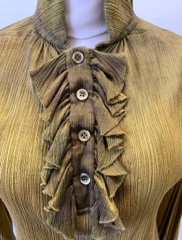 Womens, Sci-Fi/Fantasy Shirt, N/L MTO, Chartreuse Green, Brown, Synthetic, Solid, B:42, Crinkled Texture Changeable Color Fabric, Long Sleeves, Stand Collar, **Non Coded Detachable Ruffle at 4 Button Front, Button Cuffs, Made To Order, Aged, Historically Inspired