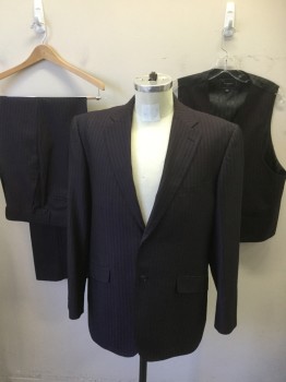 TZARELLI, Black, Plum Purple, Wool, Stripes - Vertical , Pin Dot, Side 2 Buttons,  Notched Lapel, Hand Picked Collar/Lapel,