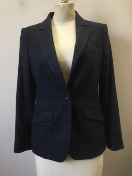 BROOKS BROTHERS, Navy Blue, Blue, Wool, Spandex, Plaid-  Windowpane, Navy, Blue Window Pane, 1 Pocket, Collar Attached, Notched Lapel, 2 Pockets,