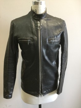 BRITISH CYCLE LEATHE, Black, Leather, Solid, Motorcycle Jacket, Zip Front, 4 Zip Front, Rounded Sleeves, Snap Tab Collar, Zip Sleeves, Aged, Mint Lining