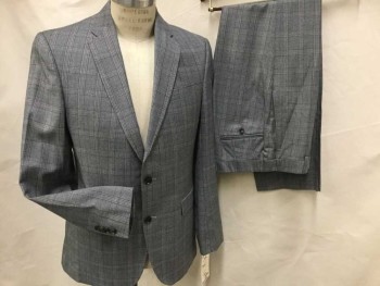 TED BAKER, Gray, Aubergine Purple, Wool, Plaid, Single Breasted, 2 Buttons,  Notched Lapel, 3 Pockets, Very Nice, Plaids Line Up