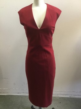 ELIE TAHARI, Wine Red, Spandex, Solid, V-neck, Detailed Seam Waist Band, Fitted, Calf Length