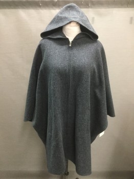 Womens, Poncho, EXPRESS, Gray, Wool, Solid, M/l, Zip Front, Hooded, 2 Pockets, Stitched Sides with Arm Openings