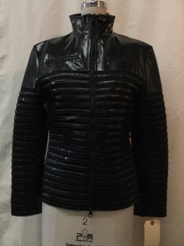Womens, Sci-Fi/Fantasy Jacket, LE CHATEAU, Black, Synthetic, Solid, Stripes, S, Black Faux Patent Leather, Self Stripes, Zip Front, 2 Zip Pockets