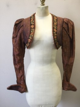 Womens, Historical Fiction Piece 1, MTO, Copper Metallic, Black, Olive Green, Silk, Novelty Pattern, Floral, B 32, Bolero Jacket - Silk Brocade, Pleated at Sleeve Insert, L/S with Angular Cuff, Black/Copper/Olive Floral Ribbon & Copper Lace Trim, 1880-1895, Western, Fantasy