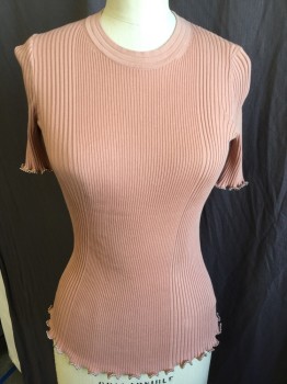 ALEXANDER WANG, Blue, Salmon Pink, Cotton, Solid, Faded Salmon,  3 Tiers Crew Neck, Ribbed Knit, Curly Short Sleeves and Hem with Small Metal Ball