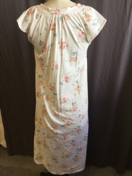 Womens, Nightgown, CAROLE HOCKMAN, Beige, Baby Blue, Pink, Salmon Pink, Olive Green, Cotton, Floral, S, Gathered Scoop Neck with 4 Rows Quilt-like Trim, Cap Sleeves, Floor Length