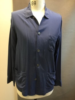 LAPERLA, Slate Blue, Silk, Solid, Collar Attached, Button Front, 3 Patch Pockets,