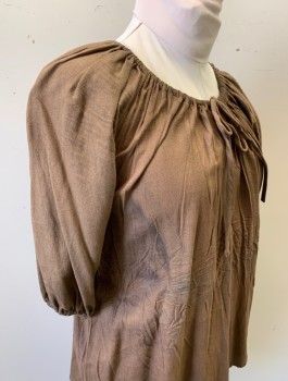 Womens, Historical Fiction Blouse, N/L MTO, Brown, Cotton, Solid, B:36, M, Peasant Blouse, 3/4 Sleeves, Pullover, Drawstring Scoop Neck, Small Notch at Center Front Neck, Aged Throughout, Made To Order Reproduction