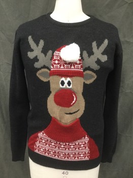 MERRY CHRISTMAS, Charcoal Gray, Red, Lt Brown, Acrylic, Holiday, Charcoal with Rudolph in Sweater and Hat, Ribbed Knit Crew Neck/Waistband/Cuff, White Pom-Pom on Hat, Rudolph's Sweater Neck and Hat Trim in 3D
