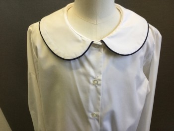 Childrens, Blouse, MISS TULANE, White, Navy Blue, Polyester, Cotton, Solid, 12, Long Sleeves, White with Navy Piping, Peter Pan Collar, Button Front,