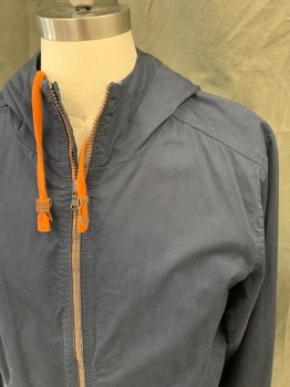 TIMBERLAND, Navy Blue, Cotton, Solid, Zip Front, Orange Drawstring Hood Attached, 2 Pockets, Orange Drawstring Hem, Long Sleeves, Snap Cuff