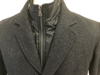 HUGO BOSS, Charcoal Gray, Wool, Polyamide, Stripes - Shadow, Button Front, Collar Attached, Notched Lapel, 4 Pockets, Long Sleeves, Solid Black Nylon Zip Detachable Collar/Front
