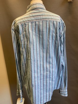 CALVIN KLEIN, Baby Blue, White, Black, Lt Gray, Cotton, Rayon, Stripes - Vertical , Long Sleeves, Button Front, Collar Attached,