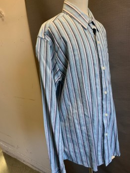 CALVIN KLEIN, Baby Blue, White, Black, Lt Gray, Cotton, Rayon, Stripes - Vertical , Long Sleeves, Button Front, Collar Attached,
