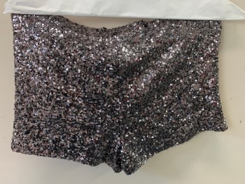 ALYTHEA, Silver, Black, Synthetic, Sequins, Solid, Stretchy, Tiny Sequins, Lined, Elastic Waist, Club, Hot Pants
