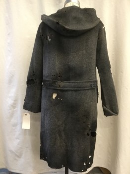 Womens, Historical Fiction Coat, NO LABEL, Heather Gray, Wool, Solid, B 46, Button Front, Hood, 2 Pockets, Aged & Distressed