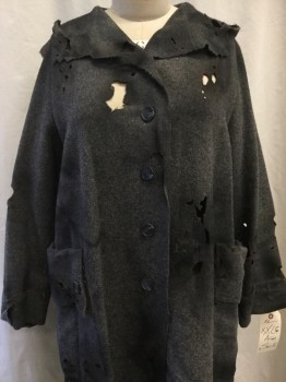 Womens, Historical Fiction Coat, NO LABEL, Heather Gray, Wool, Solid, B 46, Button Front, Hood, 2 Pockets, Aged & Distressed