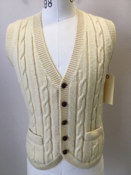 N/L, Cream, Wool, Cable Knit, V-neck, Cardigan, 2 Pockets, Small Hole Near Button