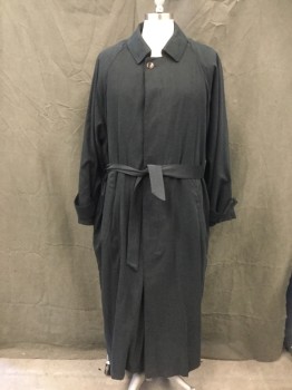 DRIZZLE, Faded Black, Synthetic, Solid, Single Breasted, Hidden Placket, Collar Attached, 2 Pockets, Raglan Long Sleeves, Button Tab Cuff, Self Belt, Detachable Zip Liner