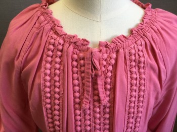 Childrens, Blouse, ELLA MOSS, Pink, Rayon, Solid, 7/8, Dark Pink, Round Neck and Raglan Long Sleeves, with Elastic and Very Small Ruffle Trim and Thin Bow Tie, 8 Vertical of Small Crochet Balls String Ribbons Front Center, 2" Elastic Waist Band,