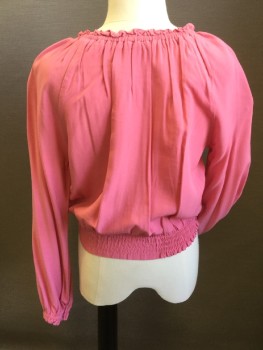 Childrens, Blouse, ELLA MOSS, Pink, Rayon, Solid, 7/8, Dark Pink, Round Neck and Raglan Long Sleeves, with Elastic and Very Small Ruffle Trim and Thin Bow Tie, 8 Vertical of Small Crochet Balls String Ribbons Front Center, 2" Elastic Waist Band,