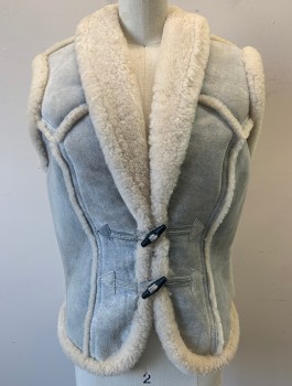 Womens, Leather Vest, CALIFORNIA RANCHWEAR, Slate Gray, Cream, Shearling, Suede, Solid, B:36, Ice Gray Suede with Cream Shearling Fuzzy Shawl Collar and Trim, 2 Toggle Closures, Western Style Pointed Yoke