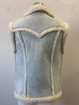 Womens, Leather Vest, CALIFORNIA RANCHWEAR, Slate Gray, Cream, Shearling, Suede, Solid, B:36, Ice Gray Suede with Cream Shearling Fuzzy Shawl Collar and Trim, 2 Toggle Closures, Western Style Pointed Yoke