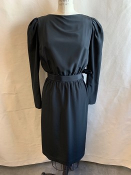 MTO, Black, Polyester, Solid, Round Neck, V-neck Back, Tie at Left Side Waist, Long Sleeves, Gathered Waistband