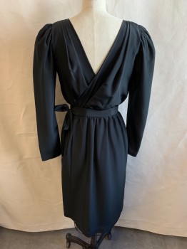 MTO, Black, Polyester, Solid, Round Neck, V-neck Back, Tie at Left Side Waist, Long Sleeves, Gathered Waistband