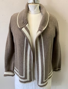 BETTY BETTY, Taupe, Cream, Wool, Nylon, Cream Accent Stripes at Hem, Front Opening, Cuffs & Neck, Knit, Long Sleeves, Shawl Lapel, Open Front with No Closures