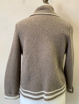 BETTY BETTY, Taupe, Cream, Wool, Nylon, Cream Accent Stripes at Hem, Front Opening, Cuffs & Neck, Knit, Long Sleeves, Shawl Lapel, Open Front with No Closures