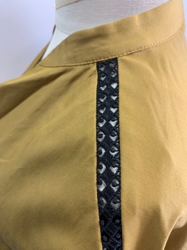 Womens, Blouse, ZARA, Ochre Brown-Yellow, Polyester, Solid, L, Pullover, Stand Collar, Black Lace Insert at Shoulder, Long Sleeves with Elastic Wrists