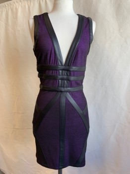 Womens, Cocktail Dress, 2B BEBE, Purple, Black, Polyester, Spandex, 2 Color Weave, Textured Weave, Black Pleather Contrast Details Striped Through Waist and Criss Crossed Across Skirt, V-neck, Sleeveless, Zip Back, Open Panel Back *Repair at Center Back Seam Under Zipper*