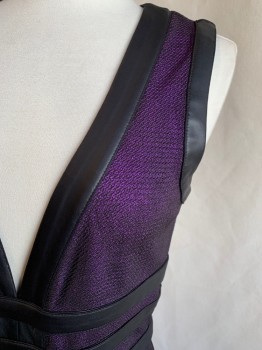 Womens, Cocktail Dress, 2B BEBE, Purple, Black, Polyester, Spandex, 2 Color Weave, Textured Weave, Black Pleather Contrast Details Striped Through Waist and Criss Crossed Across Skirt, V-neck, Sleeveless, Zip Back, Open Panel Back *Repair at Center Back Seam Under Zipper*